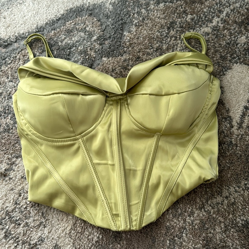 Olive Satin Corset Crop Top Adjustable Straps Bustier Style Size XS/S